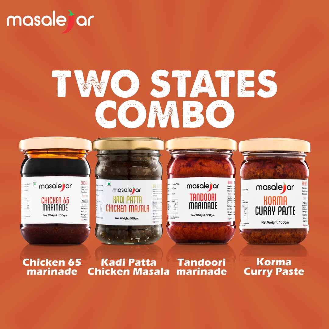 Two States Combo | Kadi Patta Chicken Masala 100gm, Chicken 65 Marinade 100gm, Tandoori Marinade 100gm, Korma Curry Paste 100gm