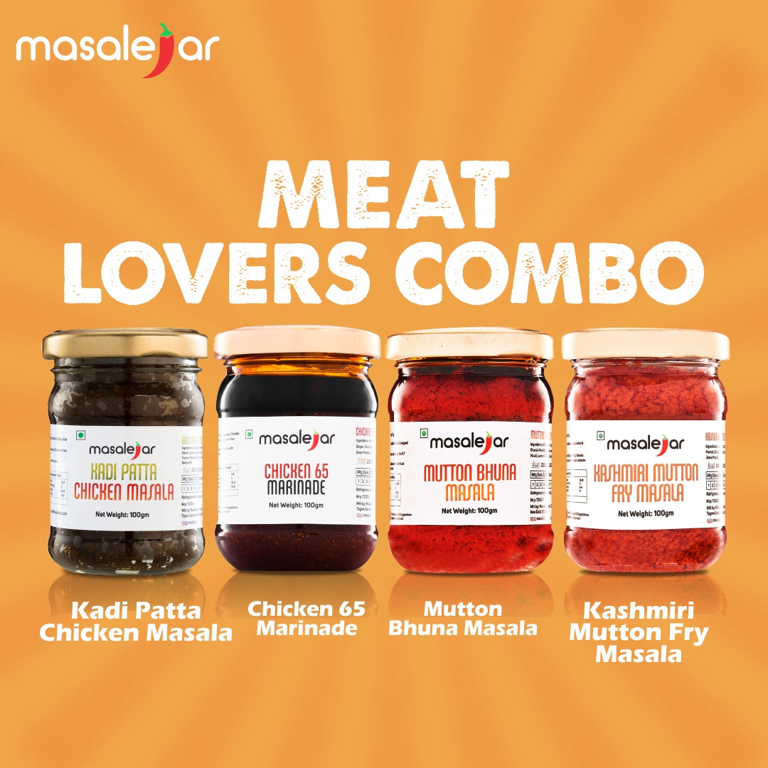 Masalejar Meat Lovers Combo | Kadi Patta Chicken Masala + Chicken 65 Marinade + Mutton Bhuna Masala + Kashmiri Mutton Fry Masala | Ready to Cook Spice Mix | Just Mix & Cook | No MSG (Pack of 4X100gm)