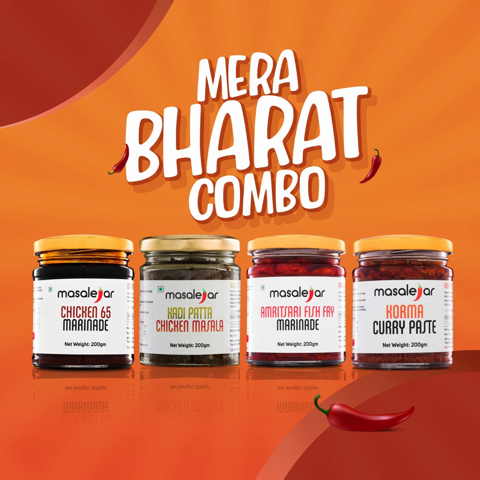 Masalejar Mera Bharat Combo | Chicken 65 Marinade + Kadi Patta Chicken Masala + Amritsari Fish Fry Marinade + Korma Curry Paste | Ready to Cook Spice Mix | Just Mix & Cook | No MSG | Pack of 4X200gm