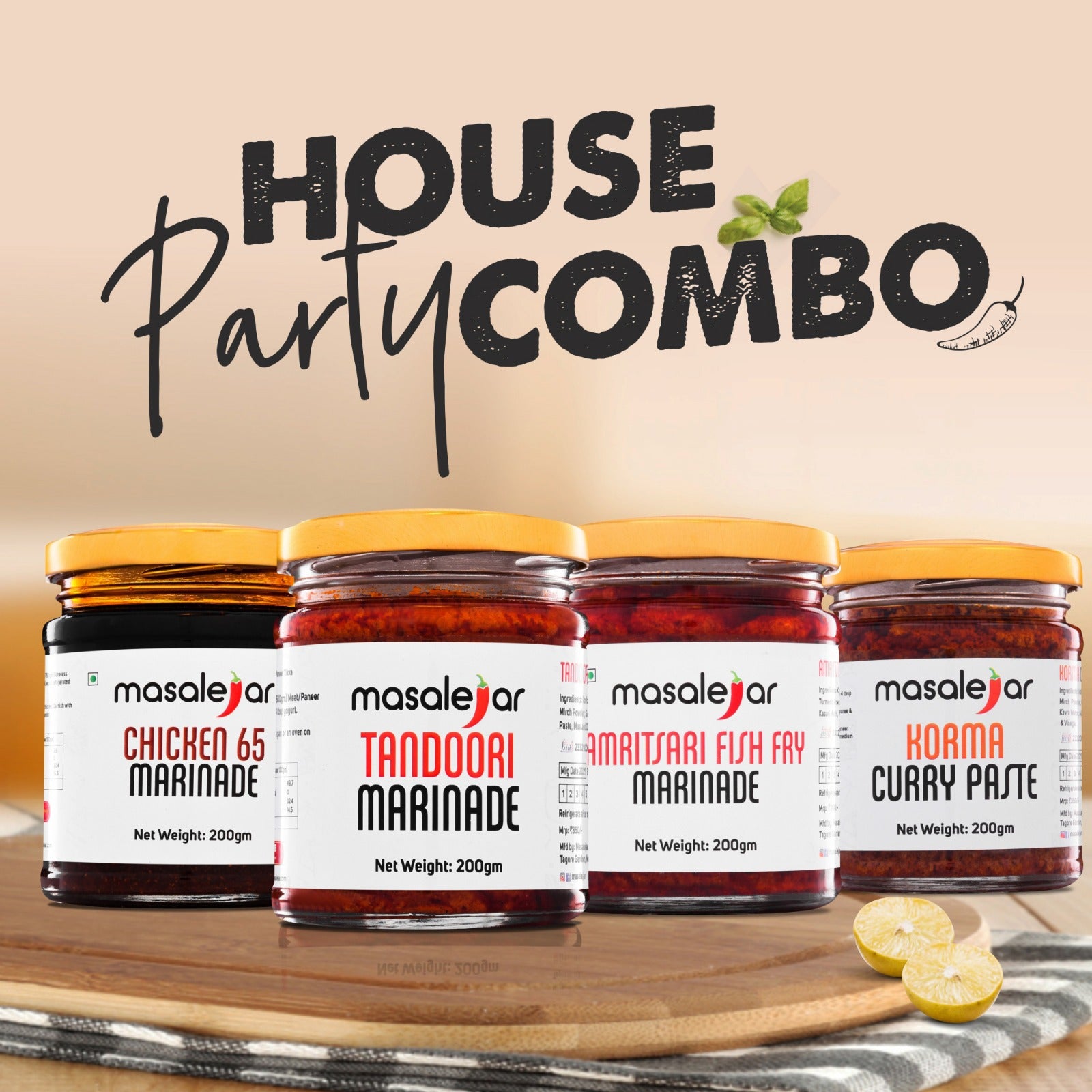 Masalejar House Party Combo | Chicken 65 Marinade + Tandoori Marinade + Amritsari Fish Fry Marinade + Korma Curry Paste | Ready to Cook Spice Mix | Just Mix & Cook | No MSG | Pack of 4X200gm